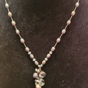 Light blue fresh-water pearl and crystal necklace.